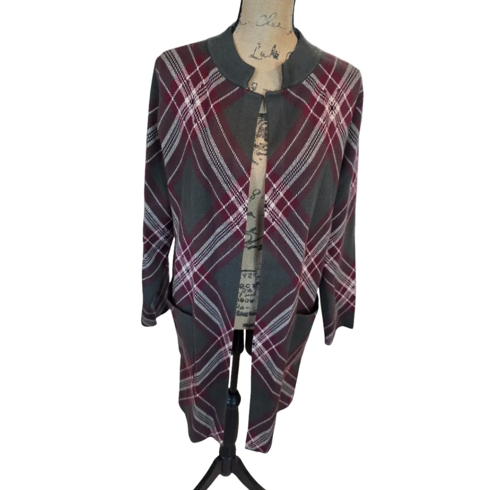 Tahari Womens‎ Green Burgundy Plaid Open Front Longline Cardigan Sweater Size M